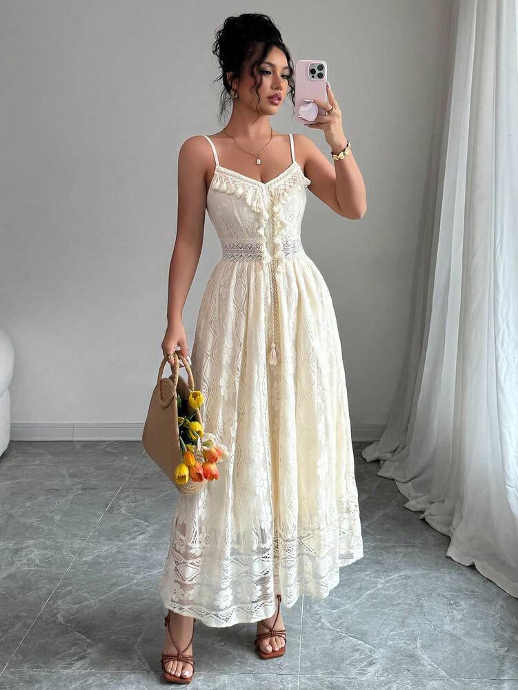 Women's Floral Lace Hollow Out Maxi Dress Elegant V Neck Vacation Outfit Casual Summer Beachwear Drawstring Waist Chic Party Style