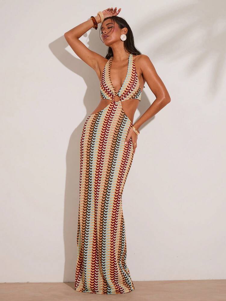 Women's Crochet Colorful Striped Maxi Dress With Metal Detail Elegant Boho Outfit Vacation Island Wear Honeymoon Pool Party Clothing