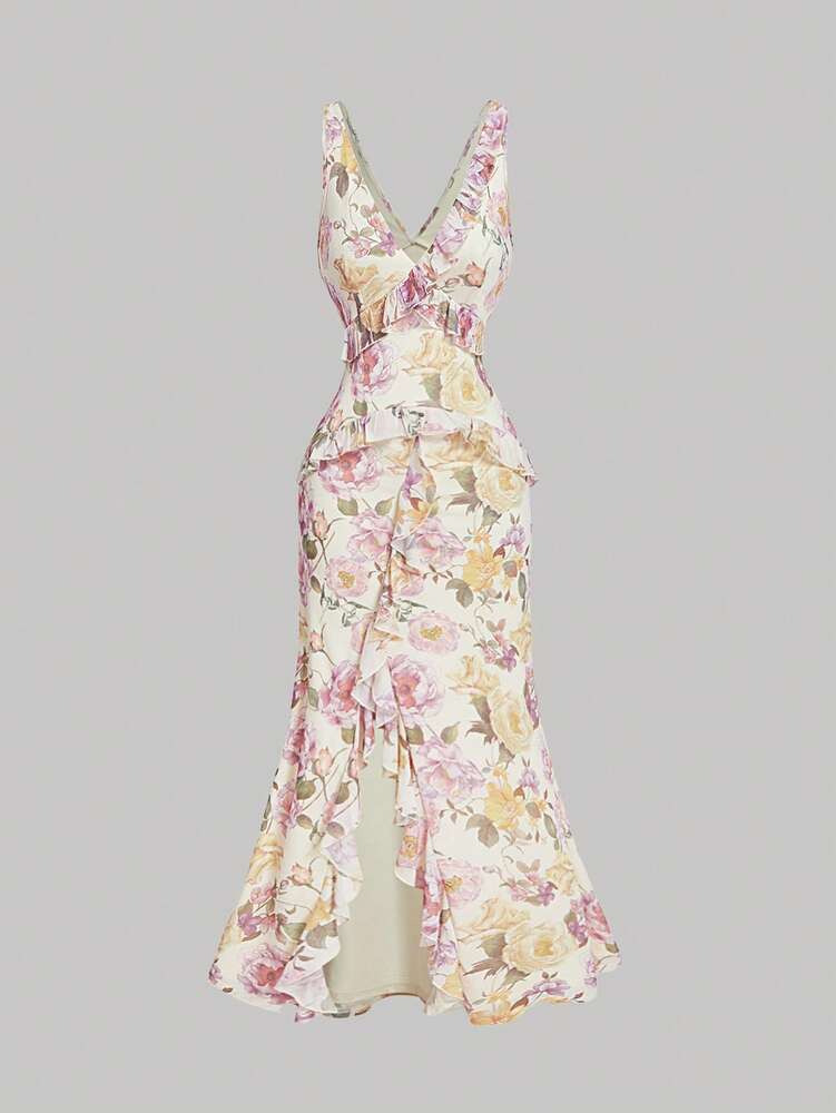 Women's Vintage Floral V Neck Midi Dress With Ruffle Trim Split Hem Elegant Summer Outfit Vacation Party Boho Chic Graduation Dress