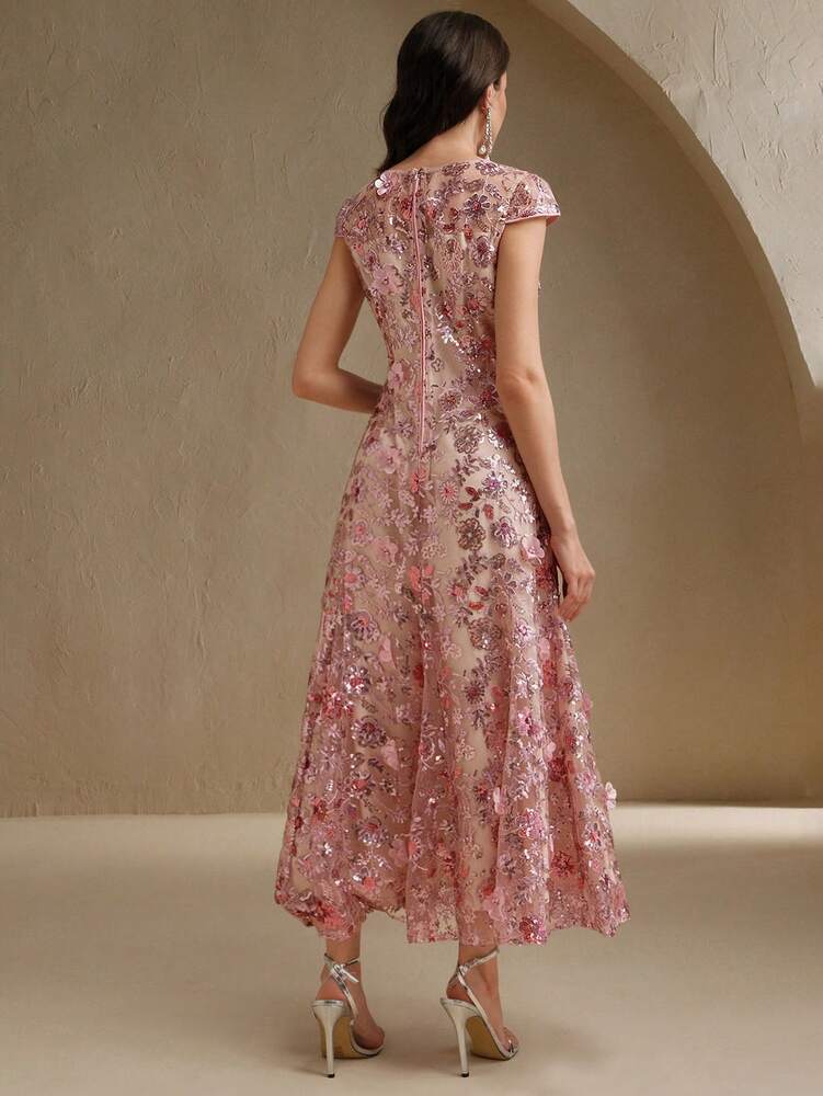 Women's Champagne Floral Mesh Sequin Short Sleeve Dress Elegant Party Outfit Resort Wear Vacation Sophisticated Festival Fashion Dress