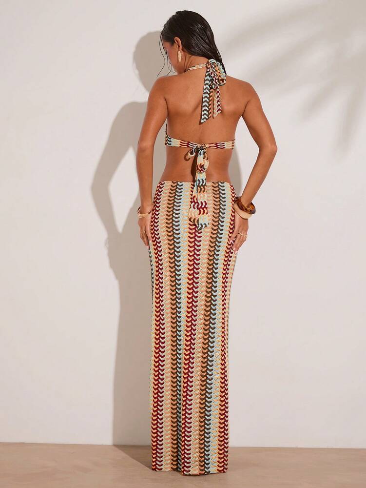 Women's Crochet Colorful Striped Maxi Dress With Metal Detail Elegant Boho Outfit Vacation Island Wear Honeymoon Pool Party Clothing