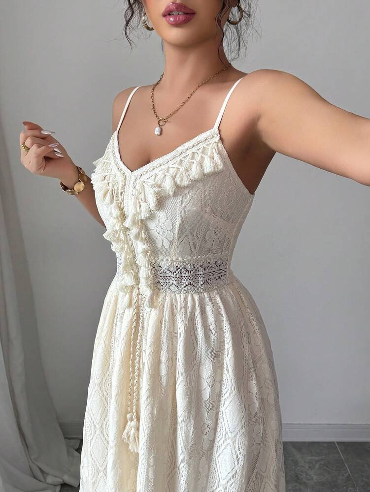 Women's Floral Lace Hollow Out Maxi Dress Elegant V Neck Vacation Outfit Casual Summer Beachwear Drawstring Waist Chic Party Style