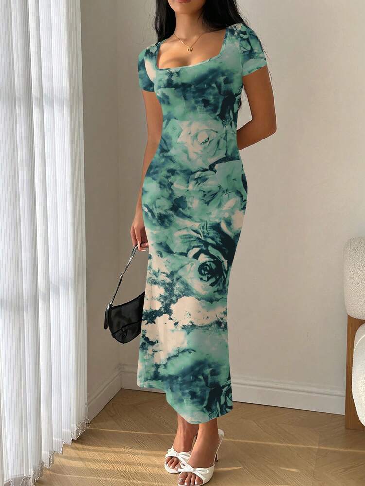 Women's Square Neck Mermaid Hem Ruffle Trim Bodycon Dress Elegant Summer Wear Outfit Suitable For Parties Casual Or Vacation Style
