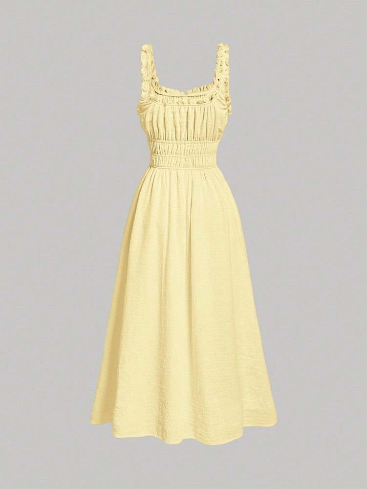 Women's Solid Color Pleated Summer Dress Simple Elegant Daily Wear Outfit Pastel Minimalist Vacation Clothing For Women Casual Style