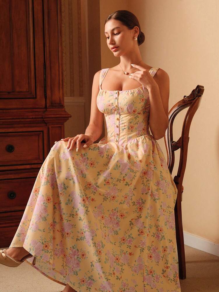Women's Elegant Gold Flowy Dress Chic Vacation Outfit Summer Holiday Party Festival Wear Classy Fashion Clothing For Ladies Casual