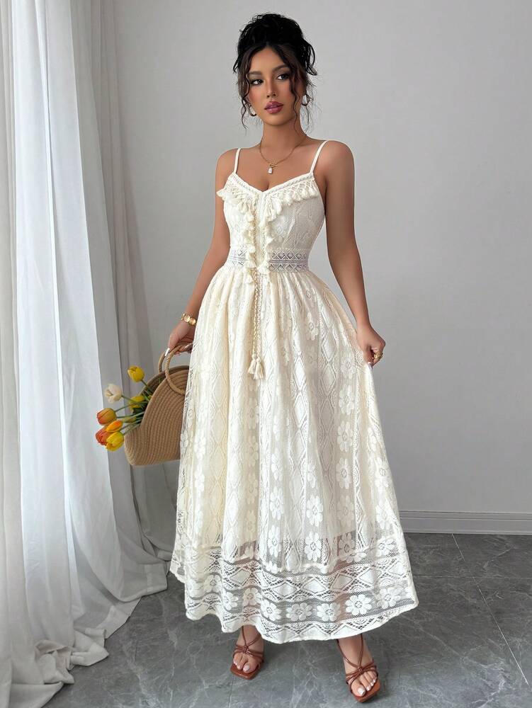 Women's Floral Lace Hollow Out Maxi Dress Elegant V Neck Vacation Outfit Casual Summer Beachwear Drawstring Waist Chic Party Style