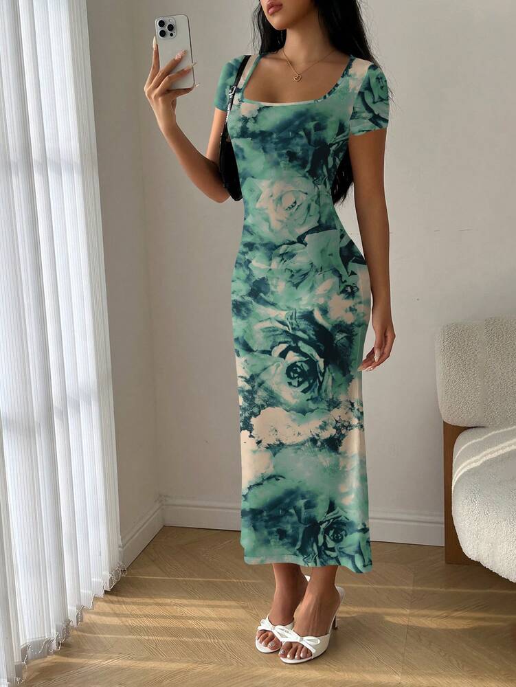 Women's Square Neck Mermaid Hem Ruffle Trim Bodycon Dress Elegant Summer Wear Outfit Suitable For Parties Casual Or Vacation Style