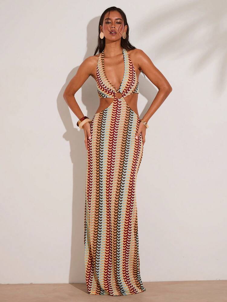 Women's Crochet Colorful Striped Maxi Dress With Metal Detail Elegant Boho Outfit Vacation Island Wear Honeymoon Pool Party Clothing