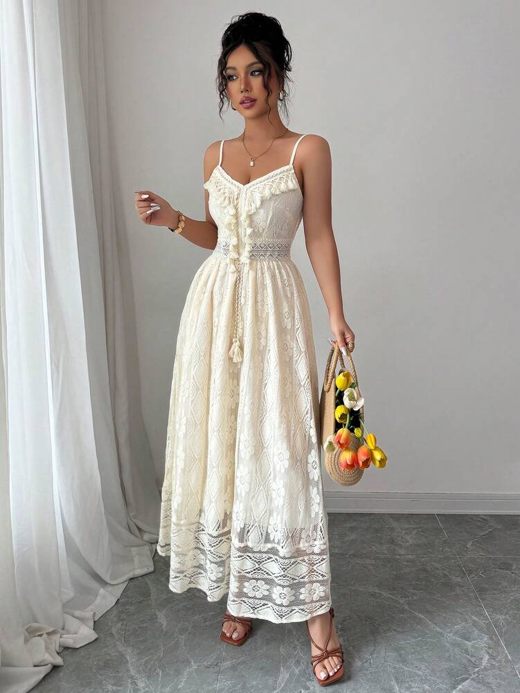 Women's Floral Lace Hollow Out Maxi Dress Elegant V Neck Vacation Outfit Casual Summer Beachwear Drawstring Waist Chic Party Style