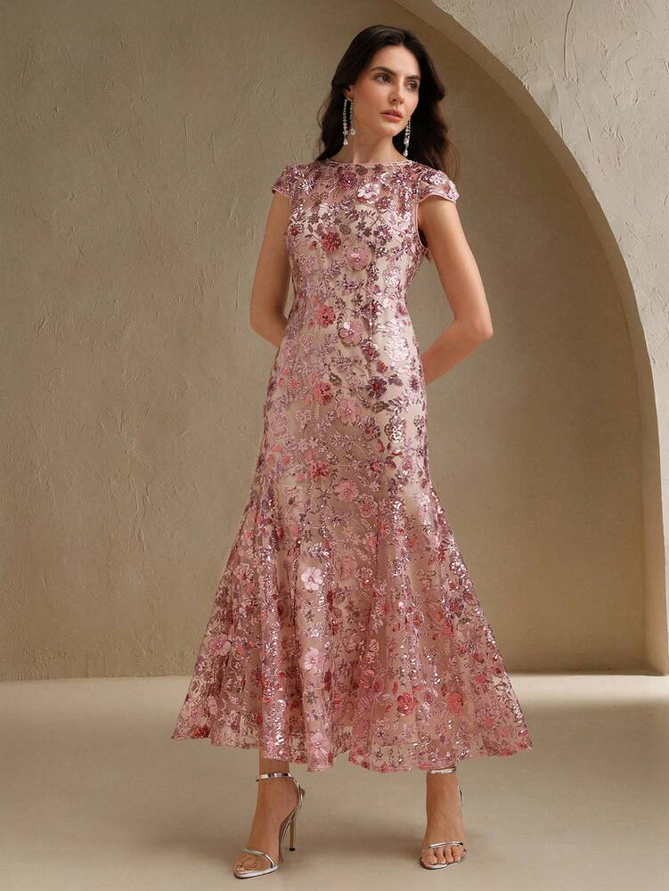 Women's Champagne Floral Mesh Sequin Short Sleeve Dress Elegant Party Outfit Resort Wear Vacation Sophisticated Festival Fashion Dress