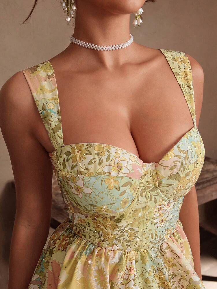 Women's Rhinestone Bustier Tiered Dress Elegant Sexy Outfit Summer Vacation Holiday Festival Evening Party Clothing For Women Casual