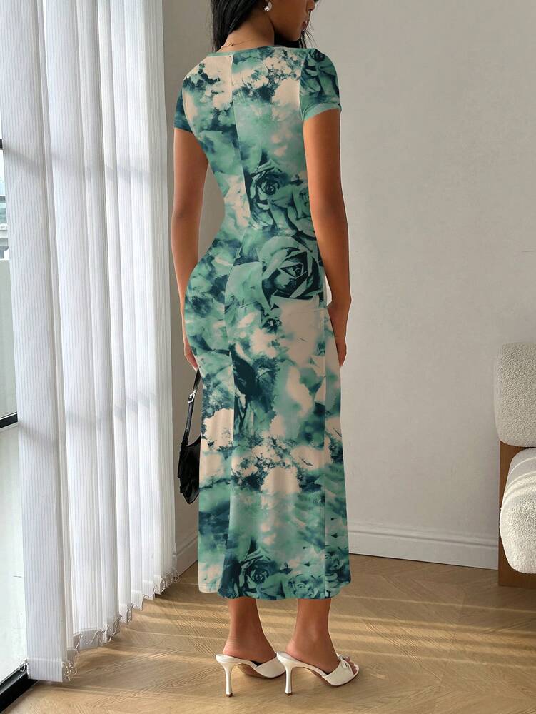 Women's Square Neck Mermaid Hem Ruffle Trim Bodycon Dress Elegant Summer Wear Outfit Suitable For Parties Casual Or Vacation Style