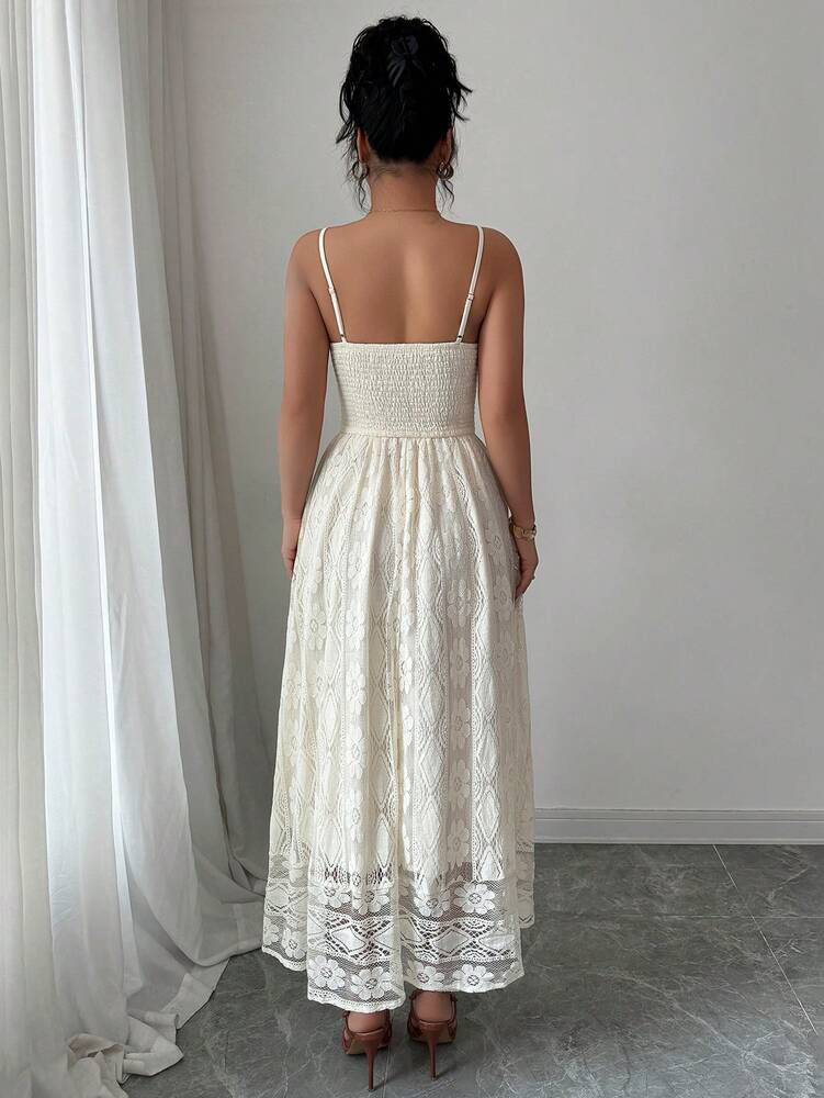 Women's Floral Lace Hollow Out Maxi Dress Elegant V Neck Vacation Outfit Casual Summer Beachwear Drawstring Waist Chic Party Style