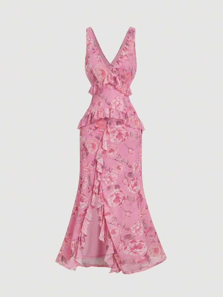 Women's Vintage Floral V Neck Midi Dress With Ruffle Trim Split Hem Elegant Summer Outfit Vacation Party Boho Chic Graduation Dress