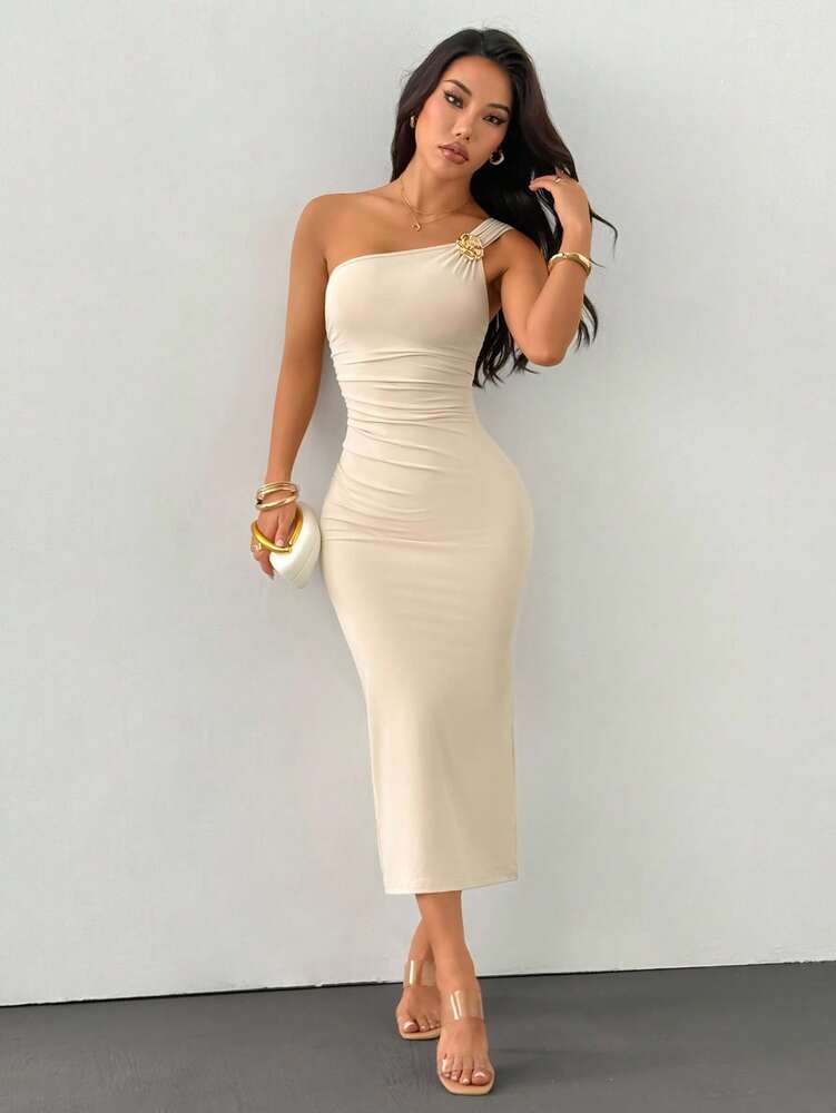 Women's One Shoulder Ruched Fishtail Hem Dress With Gold Brooch Decor Elegant Party Outfit Evening Fall Wedding Guest Fashion Style