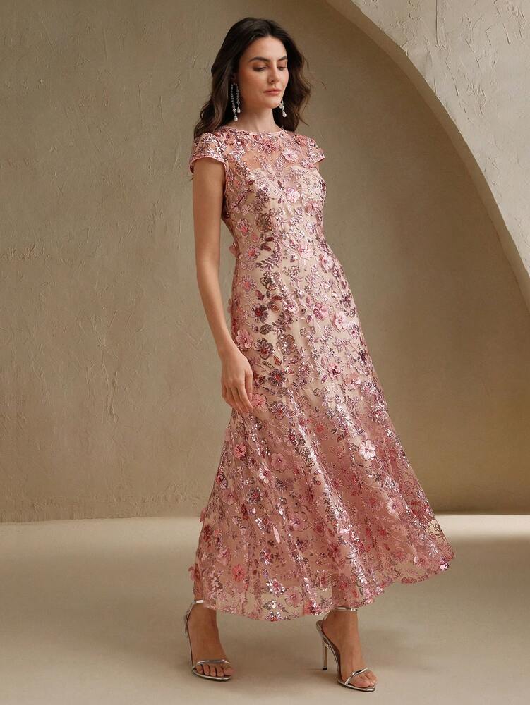 Women's Champagne Floral Mesh Sequin Short Sleeve Dress Elegant Party Outfit Resort Wear Vacation Sophisticated Festival Fashion Dress