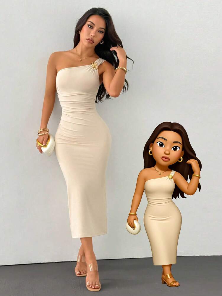 Women's One Shoulder Ruched Fishtail Hem Dress With Gold Brooch Decor Elegant Party Outfit Evening Fall Wedding Guest Fashion Style