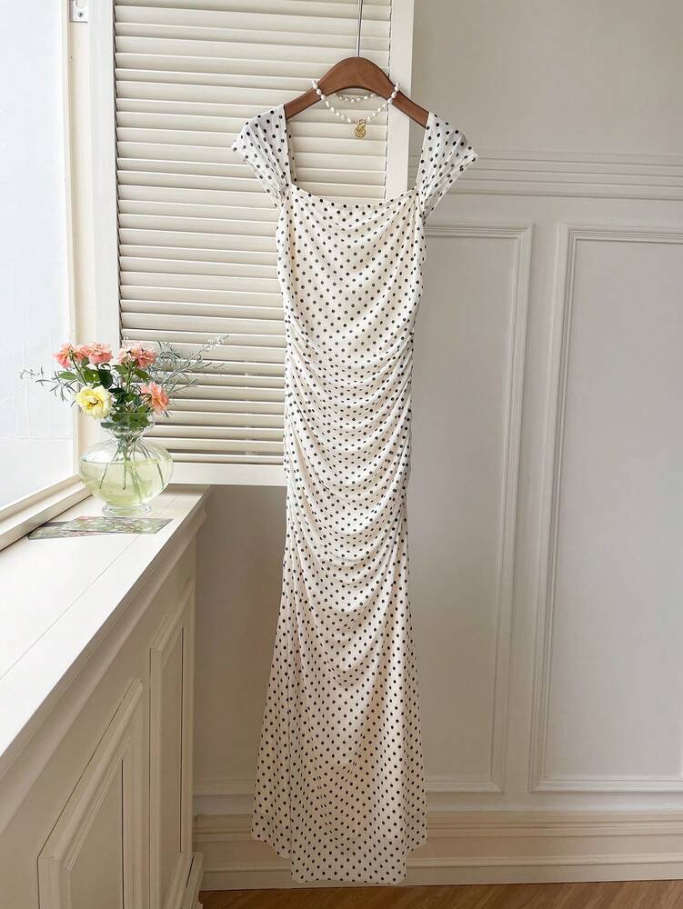 Women's Mesh Polka Dot Maxi Dress With Pleated Long Fishtail Hem Elegant Summer Party Outfit Casual Holiday Evening Dress For Ladies