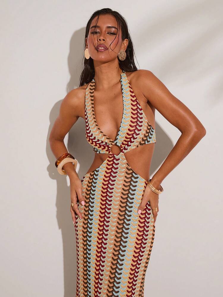 Women's Crochet Colorful Striped Maxi Dress With Metal Detail Elegant Boho Outfit Vacation Island Wear Honeymoon Pool Party Clothing