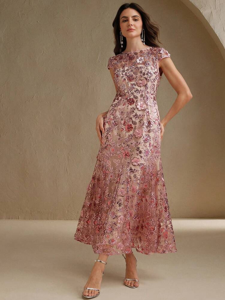 Women's Champagne Floral Mesh Sequin Short Sleeve Dress Elegant Party Outfit Resort Wear Vacation Sophisticated Festival Fashion Dress