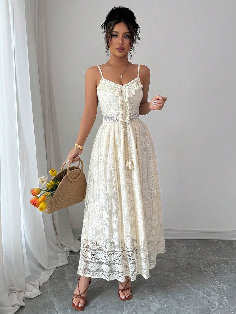 Women's Floral Lace Hollow Out Maxi Dress Elegant V Neck Vacation Outfit Casual Summer Beachwear Drawstring Waist Chic Party Style