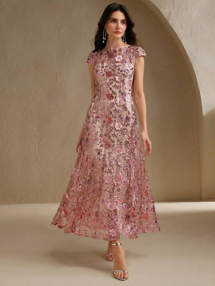 Women's Champagne Floral Mesh Sequin Short Sleeve Dress Elegant Party Outfit Resort Wear Vacation Sophisticated Festival Fashion Dress