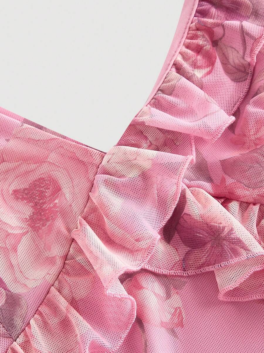 Women's Vintage Floral V Neck Midi Dress With Ruffle Trim Split Hem Elegant Summer Outfit Vacation Party Boho Chic Graduation Dress