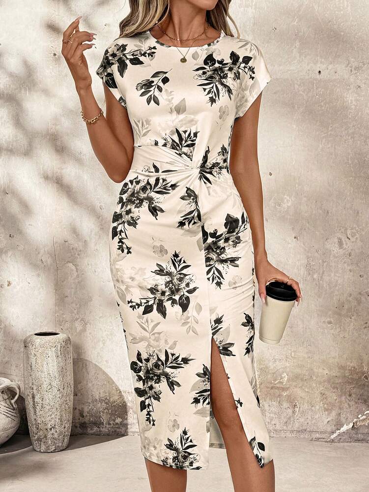 Women's Twist Knot Front Cinched Waist Split Hem Bodycon Dress Elegant Floral Midi Summer Dress Vacation Outfit Wedding Guest Clothing