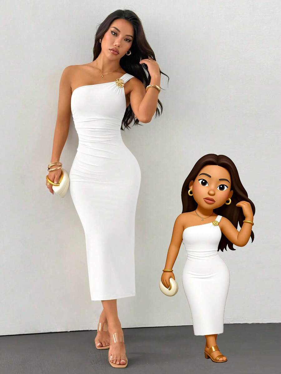 Women's One Shoulder Ruched Fishtail Hem Dress With Gold Brooch Decor Elegant Party Outfit Evening Fall Wedding Guest Fashion Style