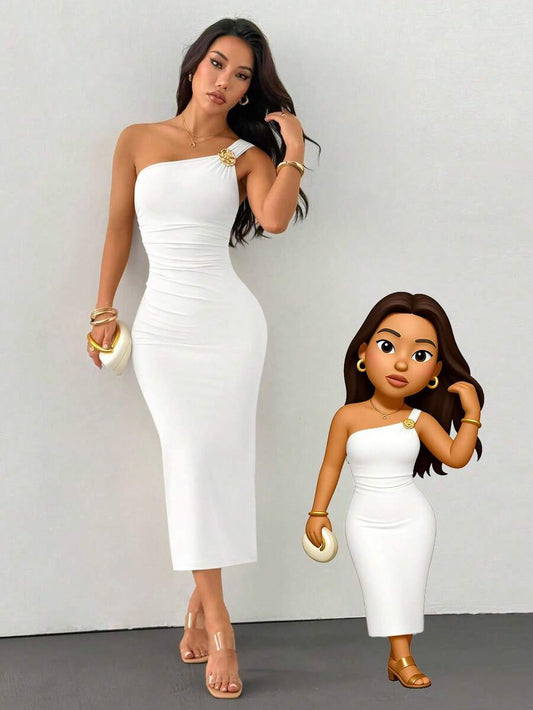 Women's One Shoulder Ruched Fishtail Hem Dress With Gold Brooch Decor Elegant Party Outfit Evening Fall Wedding Guest Fashion Style