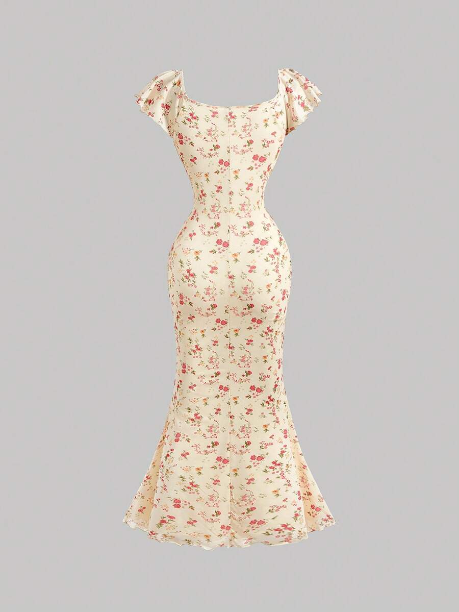 Women's Apricot Ditsy Floral Long Summer Dress Elegant Casual Vacation Outfit Holiday Beachwear Maxi Dress For Women Fashion Style