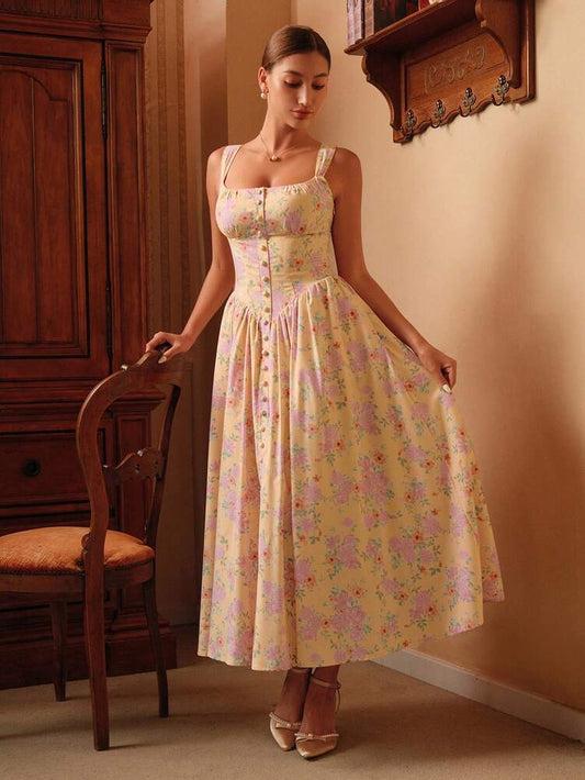 Women's Elegant Gold Flowy Dress Chic Vacation Outfit Summer Holiday Party Festival Wear Classy Fashion Clothing For Ladies Casual