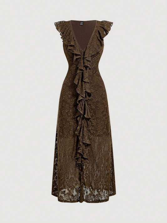Women's Lace Patchwork Ruffle V Neck Mid Calf Dress Elegant Vacation Outfit Old Money Boho Style Summer Clothes Wedding Guest Fashion
