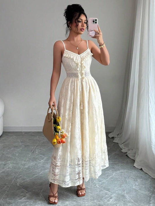 Women's Floral Lace Hollow Out Maxi Dress Elegant V Neck Vacation Outfit Casual Summer Beachwear Drawstring Waist Chic Party Style
