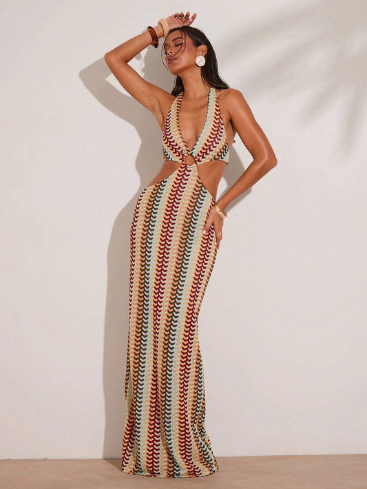 Women's Crochet Colorful Striped Maxi Dress With Metal Detail Elegant Boho Outfit Vacation Island Wear Honeymoon Pool Party Clothing