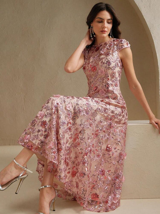 Women's Champagne Floral Mesh Sequin Short Sleeve Dress Elegant Party Outfit Resort Wear Vacation Sophisticated Festival Fashion Dress