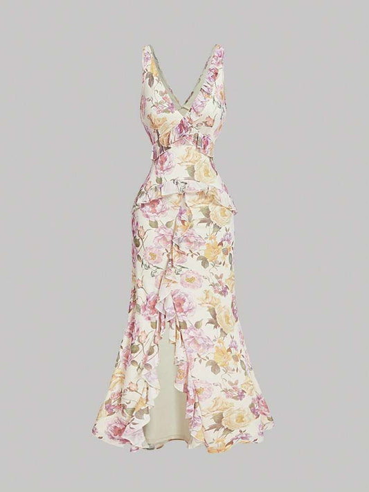 Women's Vintage Floral V Neck Midi Dress With Ruffle Trim Split Hem Elegant Summer Outfit Vacation Party Boho Chic Graduation Dress