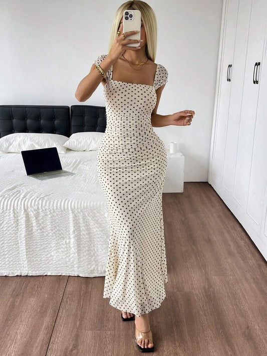 Women's Mesh Polka Dot Maxi Dress With Pleated Long Fishtail Hem Elegant Summer Party Outfit Casual Holiday Evening Dress For Ladies