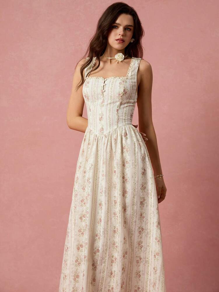Women's Apricot Rose Print Square Neck Princess Dress With Cross Tie Back Elegant Romantic Vacation Outfit Graduation Wedding Guest