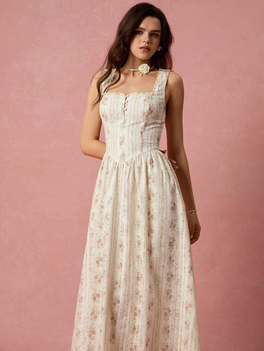 Women's Apricot Rose Print Square Neck Princess Dress With Cross Tie Back Elegant Romantic Vacation Outfit Graduation Wedding Guest