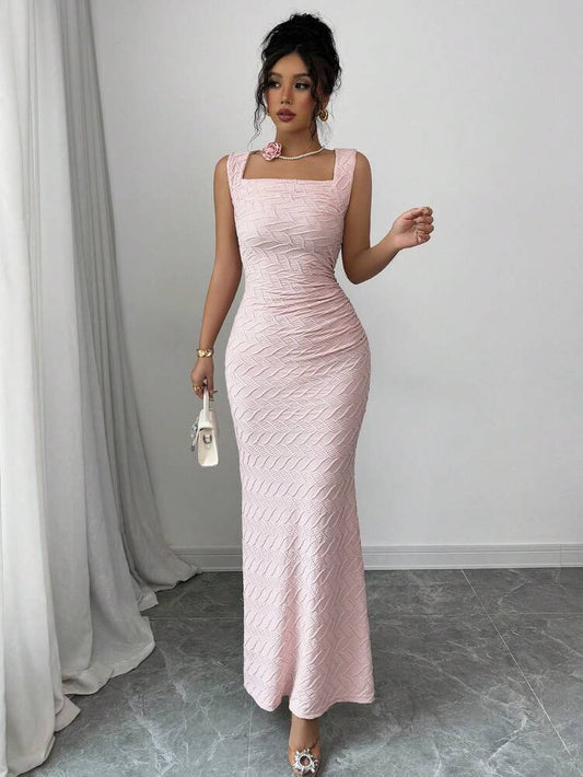 Women's Textured Knit Crew Neck Dress With Ruched Waist And Fishtail Hem Elegant Formal Outfit Chic Summer Party Wear For Ladies