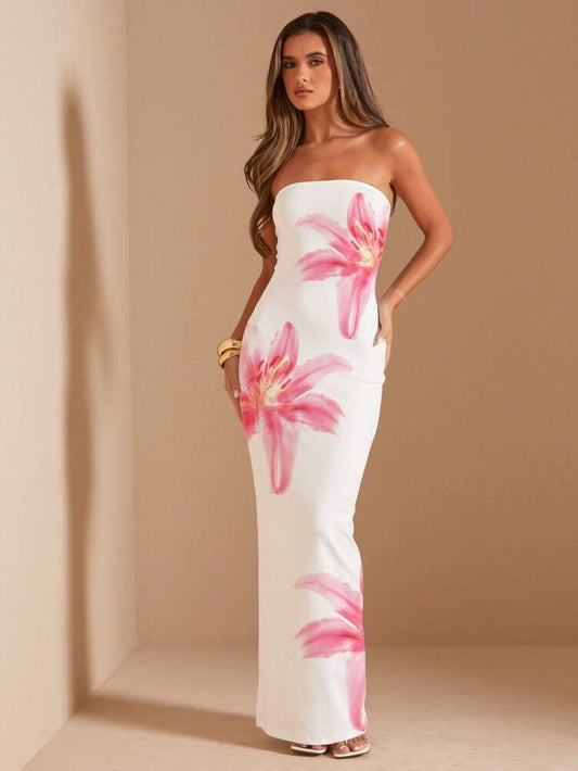 Women's Bandeau Fitted Long Dress Pink Floral Maxi Elegant Summer Party Dress Vacation Outfit Birthday Wedding Guest Beach Holiday Wear