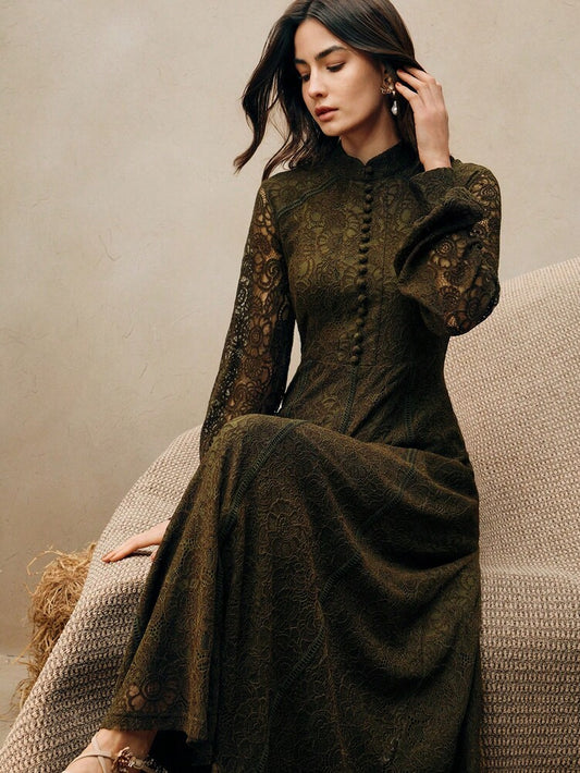 Women's Burgundy Lace Maxi Dress Elegant Long Sleeve Outfit Casual Party Wear Vacation Holiday Spring Summer Festival Evening Gown