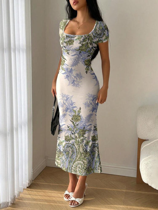 Women's Ruffle Mermaid Hem Bodycon Dress With Placement Print Elegant Chic Summer Vacation Dress Fashion Outfit For Parties And Travel