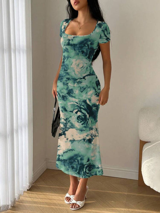 Women's Square Neck Mermaid Hem Ruffle Trim Bodycon Dress Elegant Summer Wear Outfit Suitable For Parties Casual Or Vacation Style