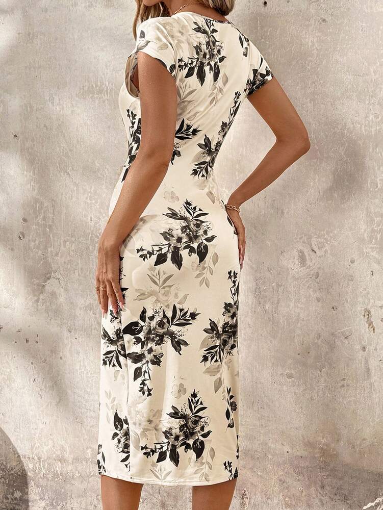 Women's Twist Knot Front Cinched Waist Split Hem Bodycon Dress Elegant Floral Midi Summer Dress Vacation Outfit Wedding Guest Clothing
