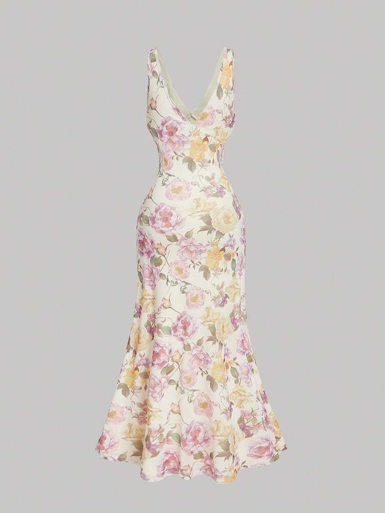 Women's Vintage Floral V Neck Midi Dress With Ruffle Trim Split Hem Elegant Summer Outfit Vacation Party Boho Chic Graduation Dress