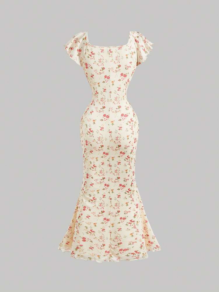 Women's Apricot Ditsy Floral Long Summer Dress Elegant Casual Vacation Outfit Holiday Beachwear Maxi Dress For Women Fashion Style