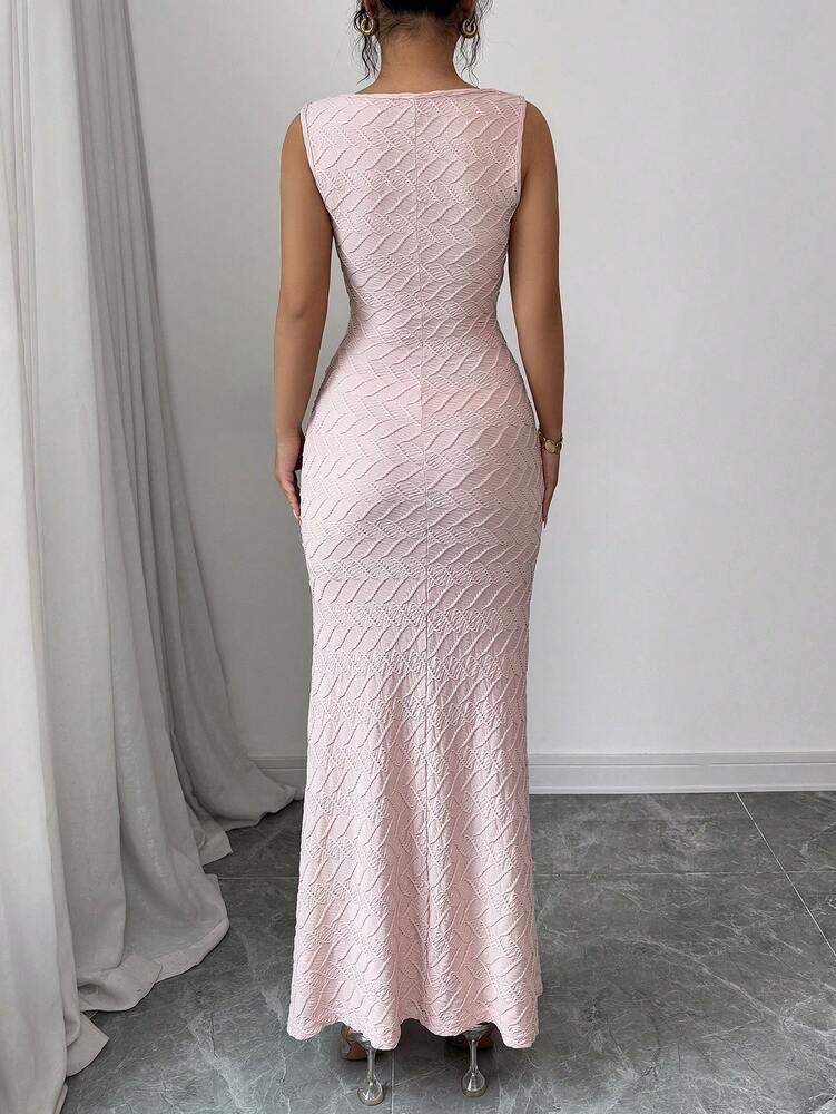 Women's Textured Knit Crew Neck Dress With Ruched Waist And Fishtail Hem Elegant Formal Outfit Chic Summer Party Wear For Ladies