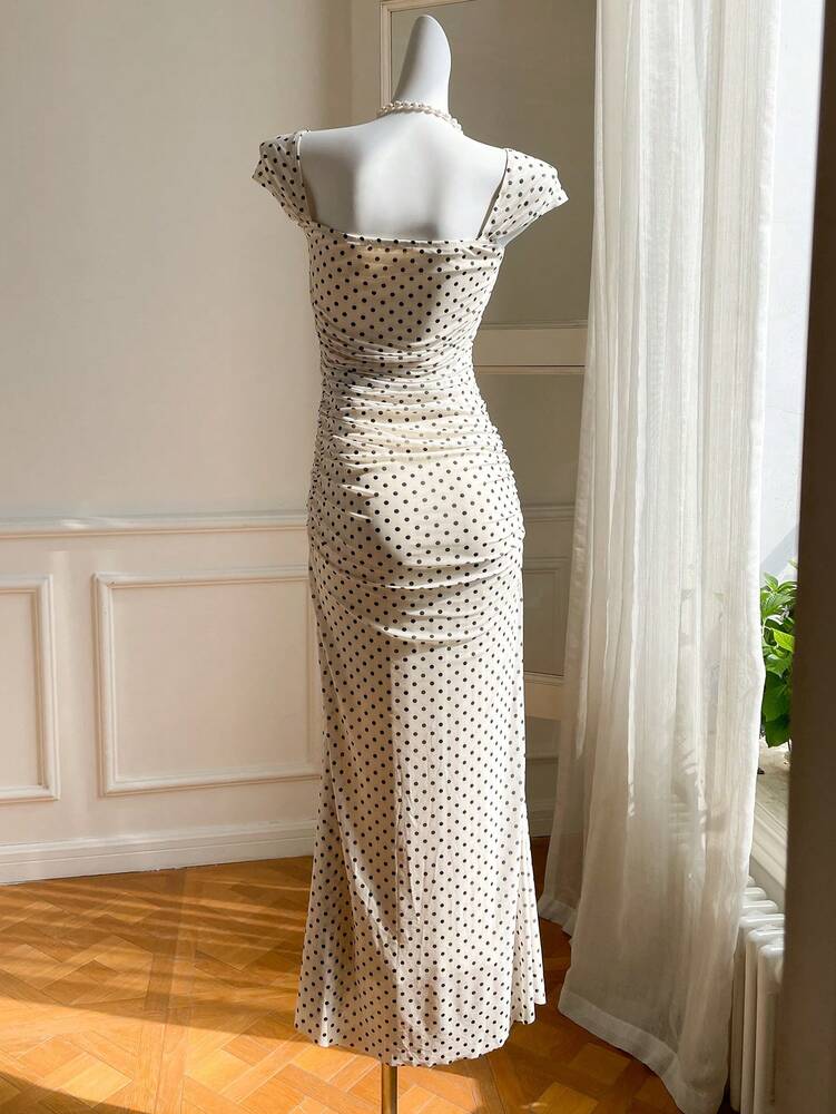 Women's Mesh Polka Dot Maxi Dress With Pleated Long Fishtail Hem Elegant Summer Party Outfit Casual Holiday Evening Dress For Ladies